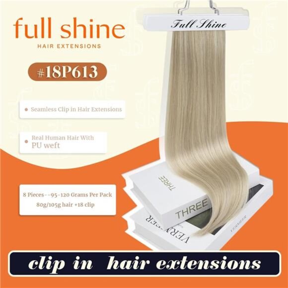 Full Shine Ash Blonde Clip in Extensions Human Hair 22 Inch Pu Weft Real Hair - Picture 2 of 7